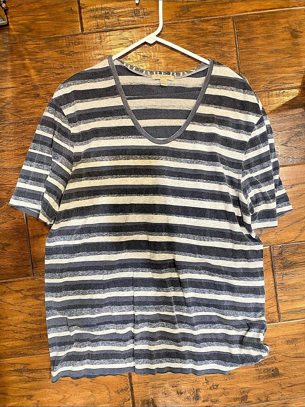 Burberry Striped Short Sleeve Tee in Gray & Black